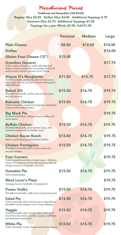 Pizza menu at Wayne’s World