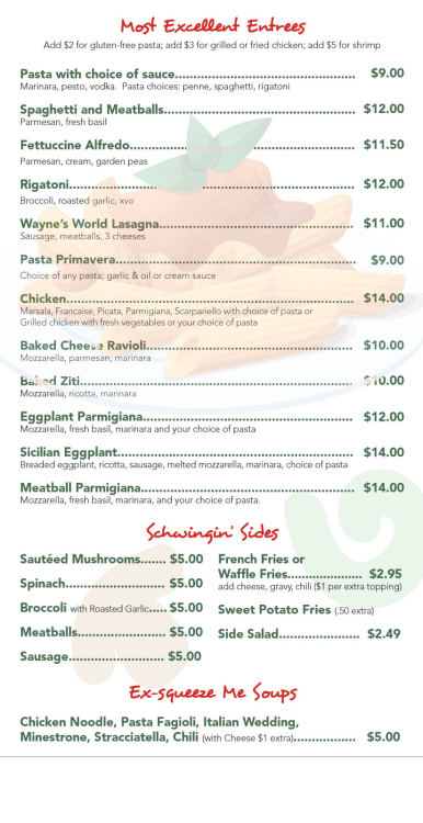 Entree menu at Wayne’s World